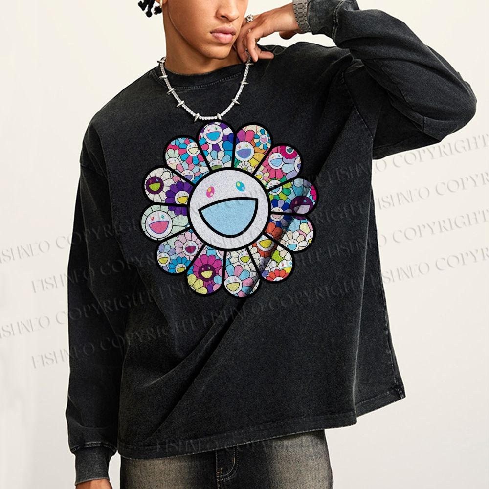 Unisex Casual Washed Smiley Happy Flower Printed Long Sleeve T-shirt