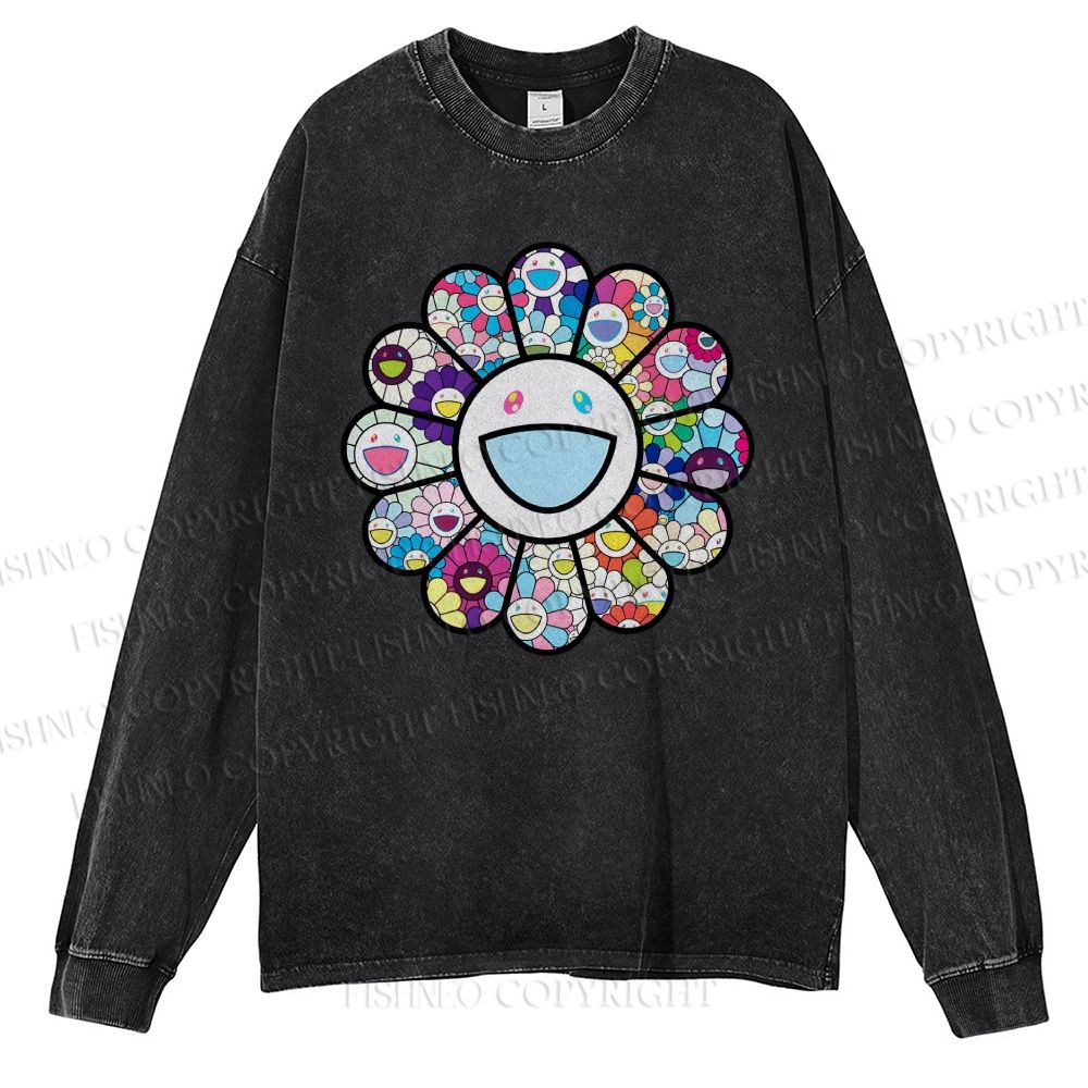 Unisex Casual Washed Smiley Happy Flower Printed Long Sleeve T-shirt
