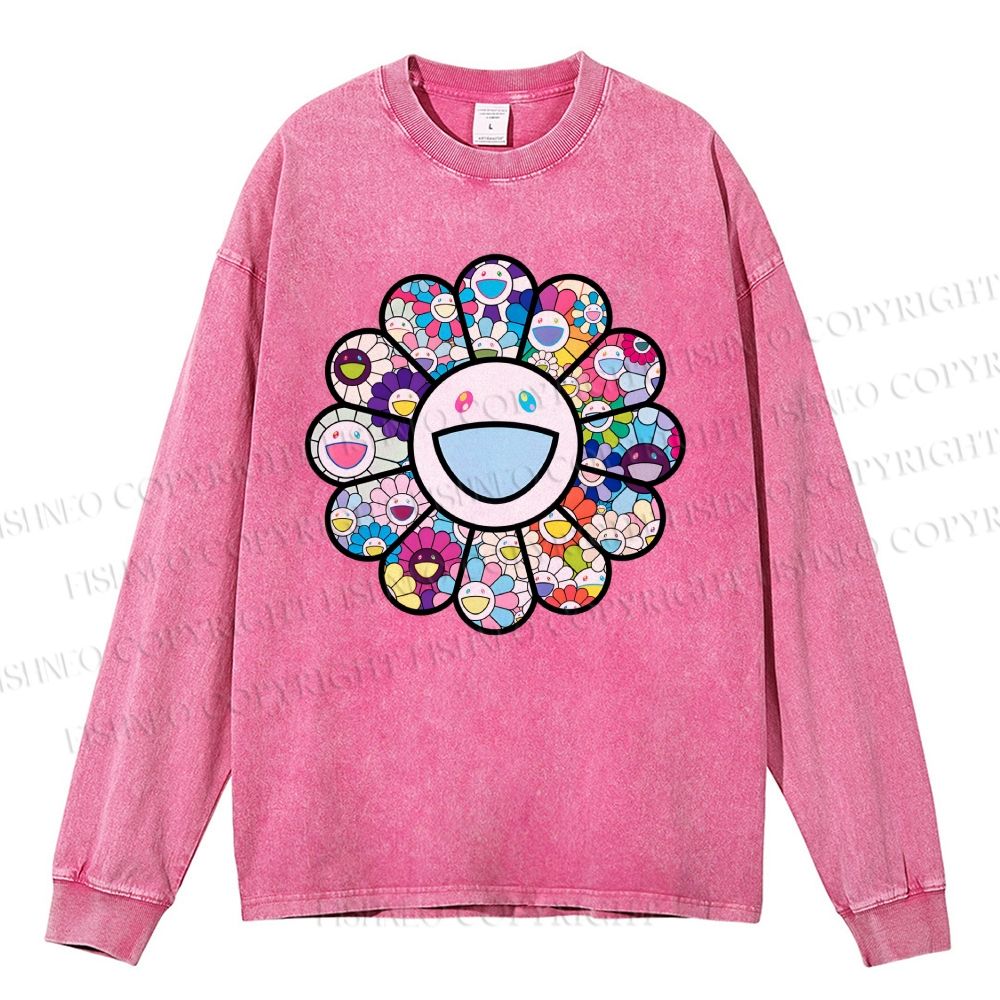 Unisex Casual Washed Smiley Happy Flower Printed Long Sleeve T-shirt