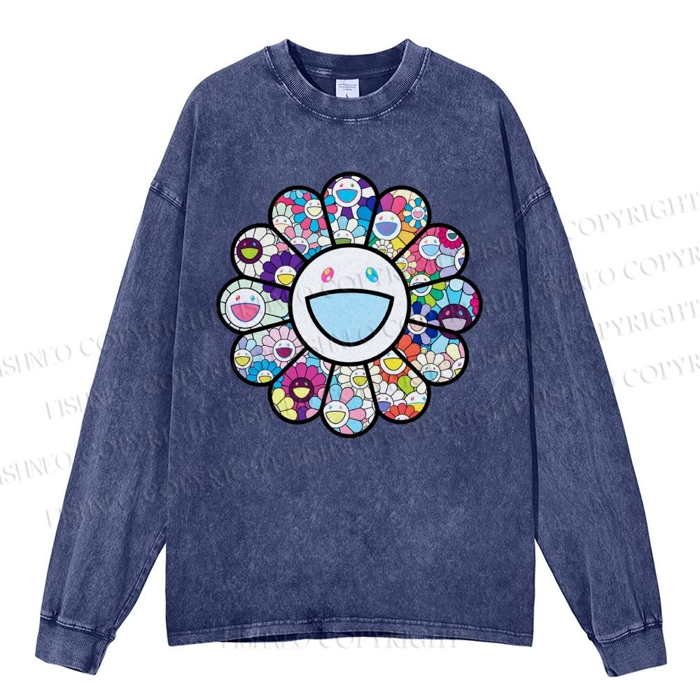 Unisex Casual Washed Smiley Happy Flower Printed Long Sleeve T-shirt