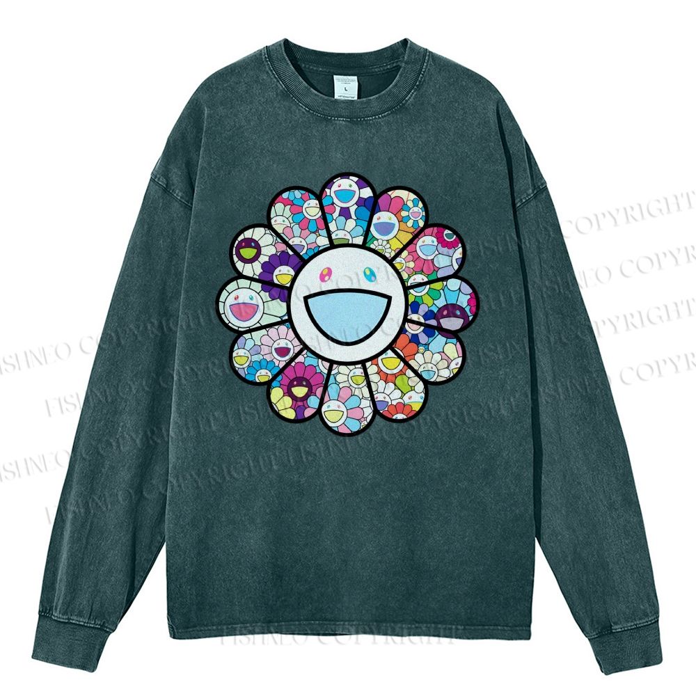 Unisex Casual Washed Smiley Happy Flower Printed Long Sleeve T-shirt