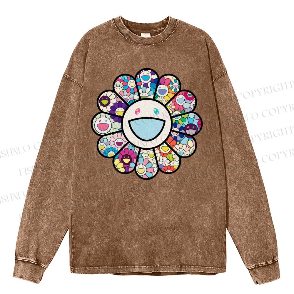 Unisex Casual Washed Smiley Happy Flower Printed Long Sleeve T-shirt