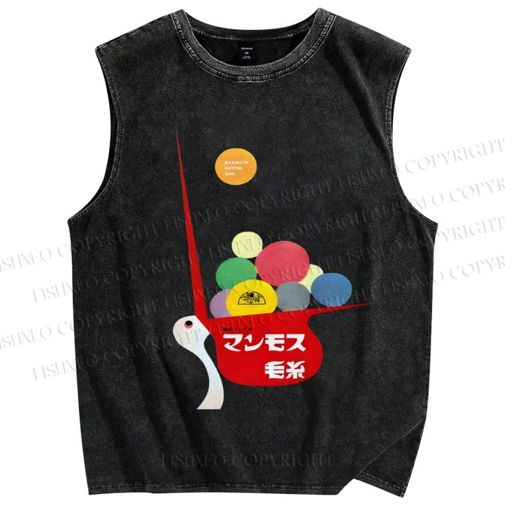 Unisex Vintage Japanese Bird Ball Printed Washed Tank Top