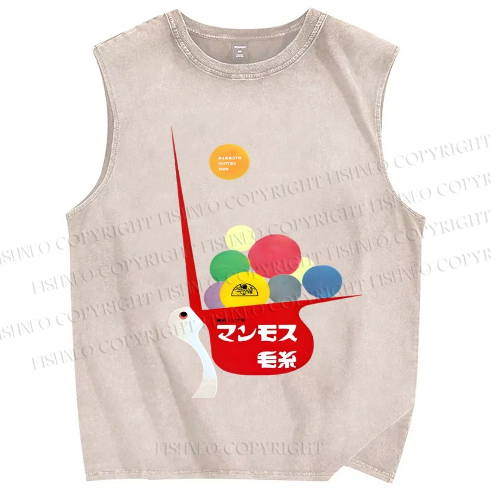 Unisex Vintage Japanese Bird Ball Printed Washed Tank Top