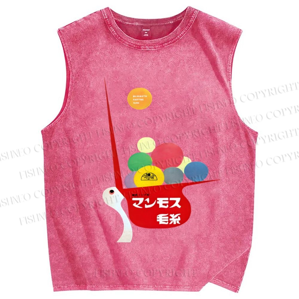 Unisex Vintage Japanese Bird Ball Printed Washed Tank Top