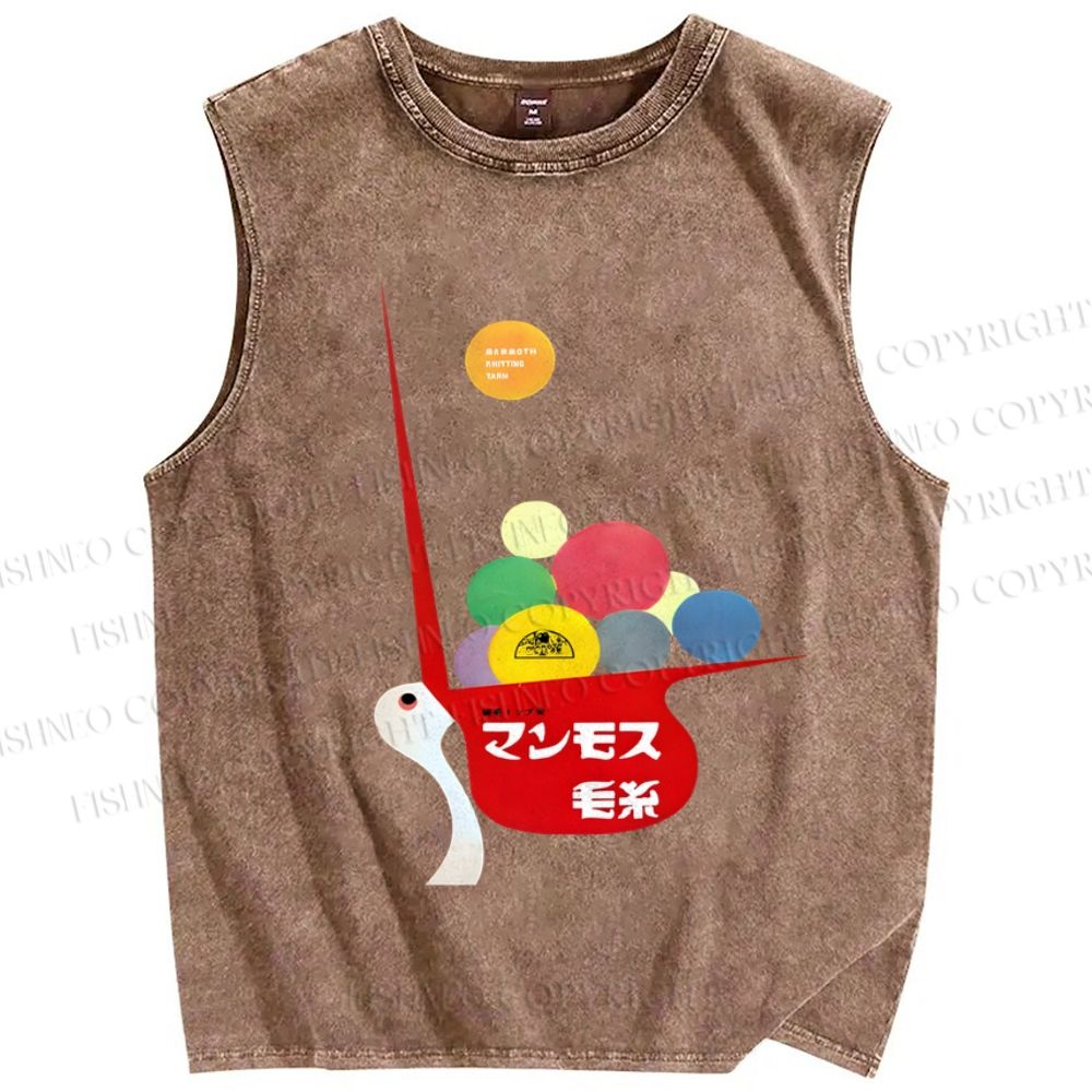 Unisex Vintage Japanese Bird Ball Printed Washed Tank Top