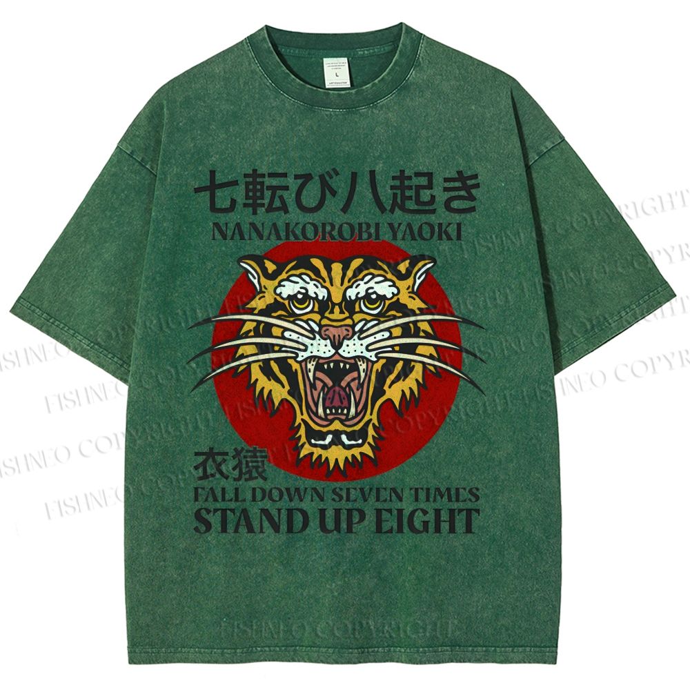 Unisex Japanese proverbs Tiger Printed Washed Tee