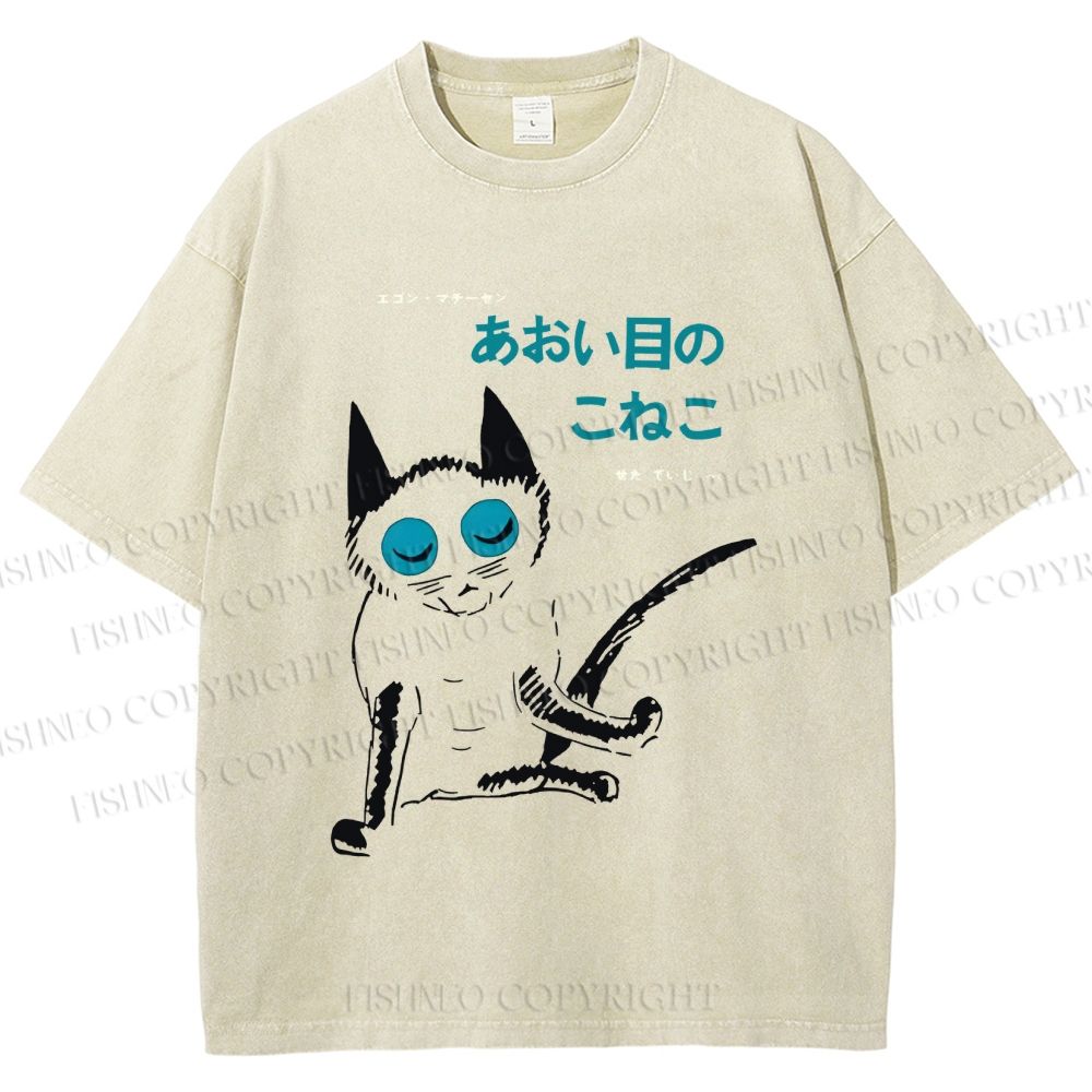 Unisex Vintage Japanese Funny Cat Printed Washed Tee
