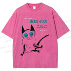 Unisex Vintage Japanese Funny Cat Printed Washed Tee