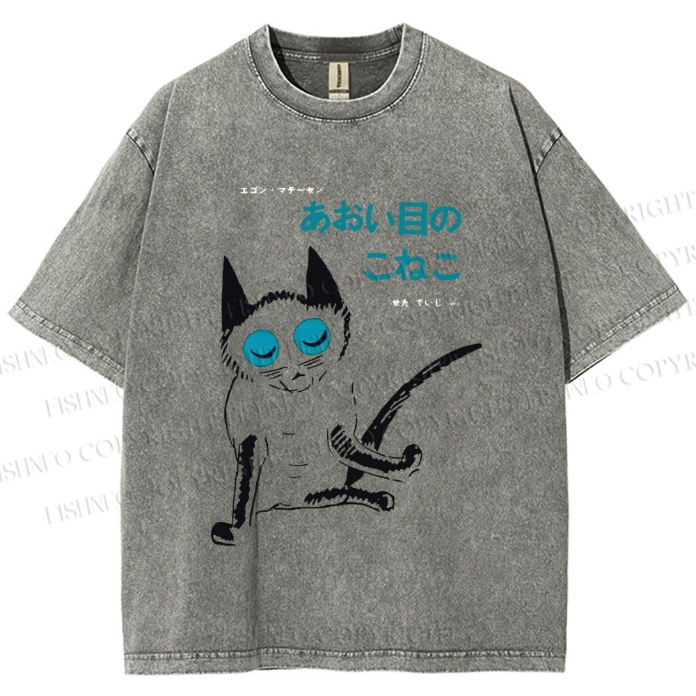 Unisex Vintage Japanese Funny Cat Printed Washed Tee
