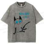 Unisex Vintage Japanese Funny Cat Printed Washed Tee