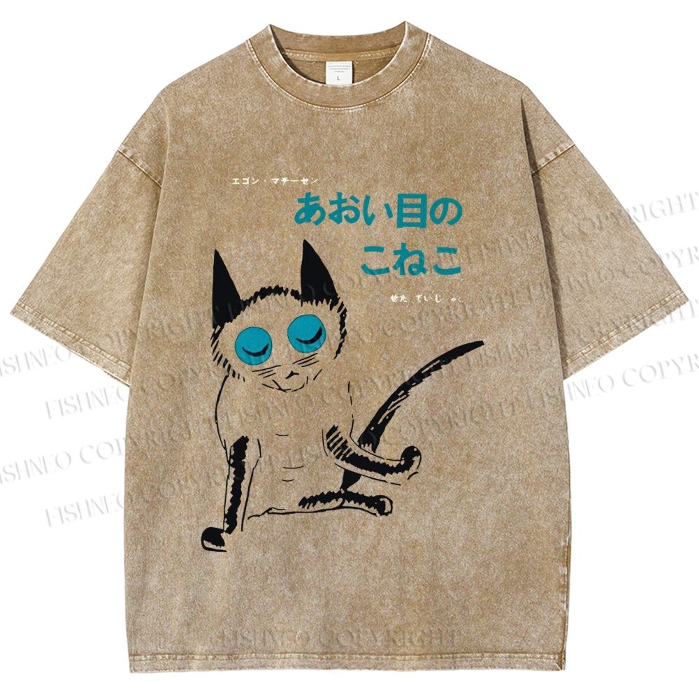 Unisex Vintage Japanese Funny Cat Printed Washed Tee