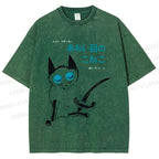 Unisex Vintage Japanese Funny Cat Printed Washed Tee