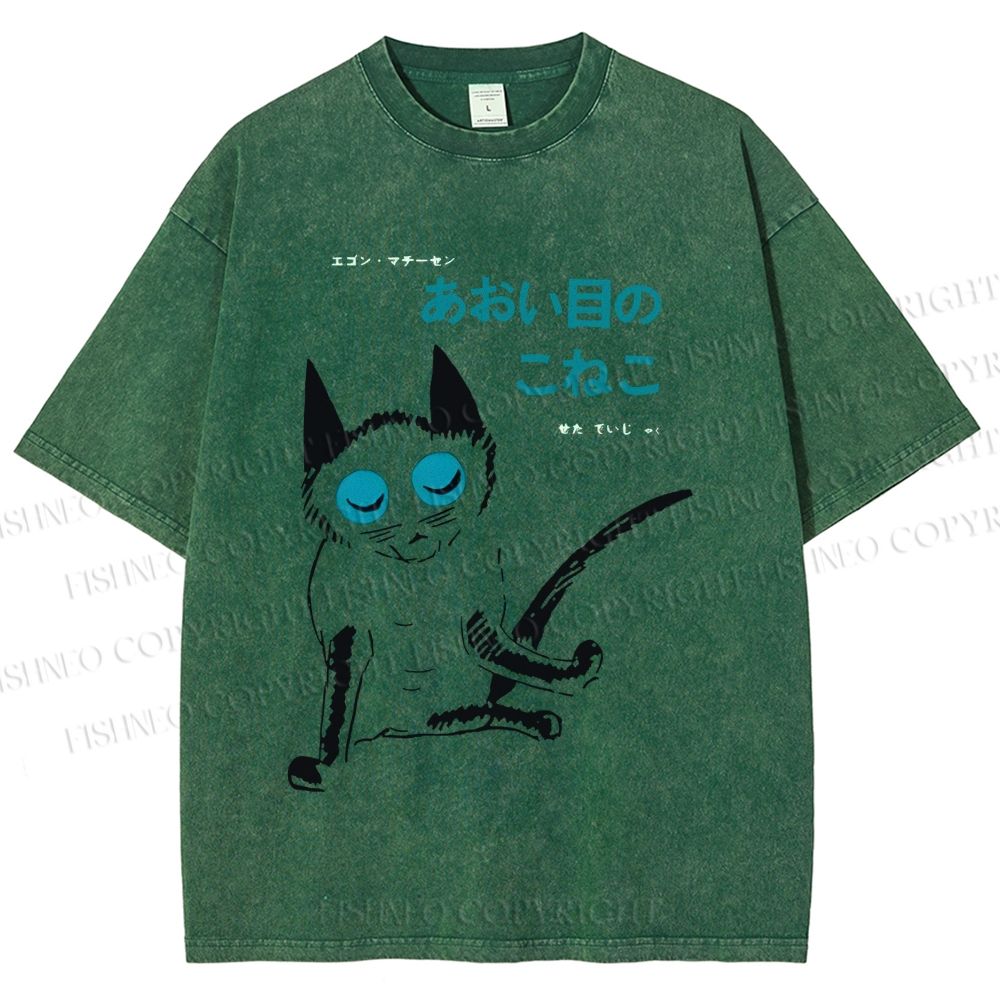 Unisex Vintage Japanese Funny Cat Printed Washed Tee