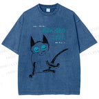 Unisex Vintage Japanese Funny Cat Printed Washed Tee
