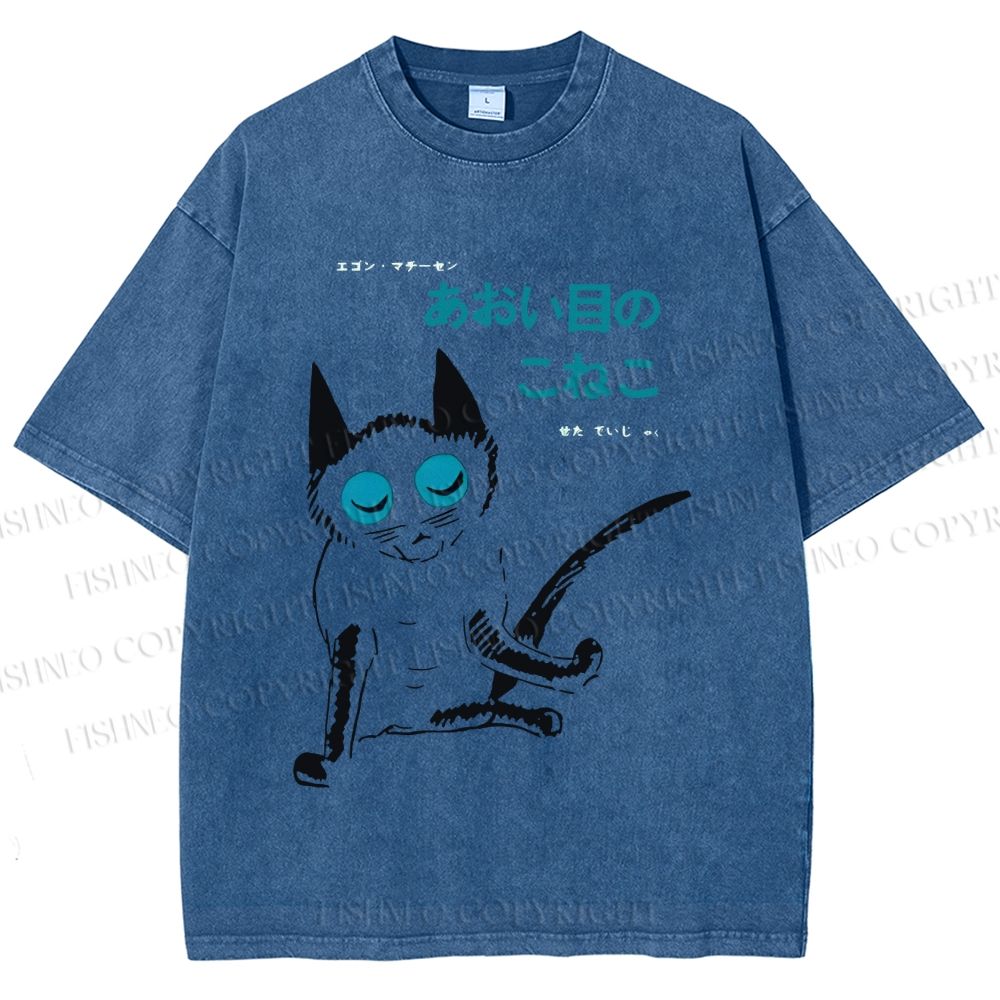 Unisex Vintage Japanese Funny Cat Printed Washed Tee