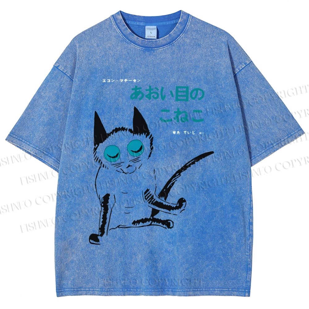 Unisex Vintage Japanese Funny Cat Printed Washed Tee