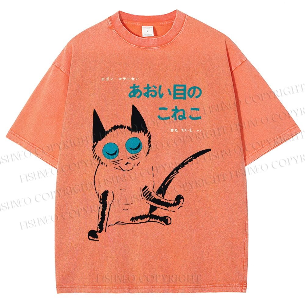 Unisex Vintage Japanese Funny Cat Printed Washed Tee