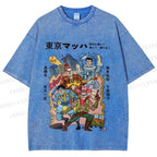 Unisex Vintage Japanese Graffiti Printed Washed Tee