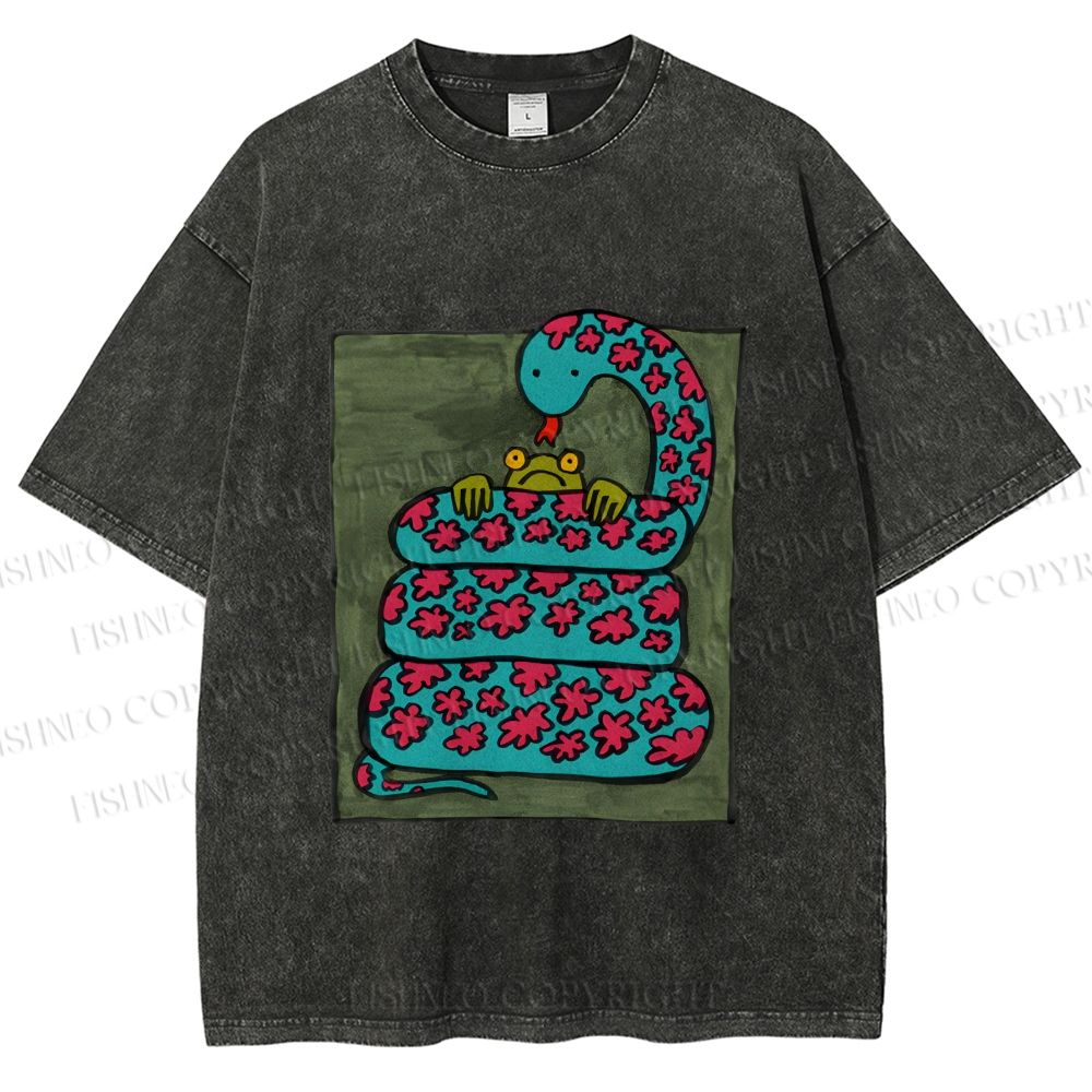 Unisex Vintage Funny Frog Snake Printed Washed Tee
