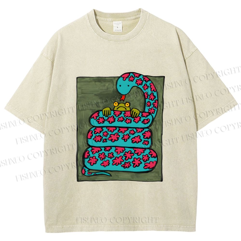 Unisex Vintage Funny Frog Snake Printed Washed Tee