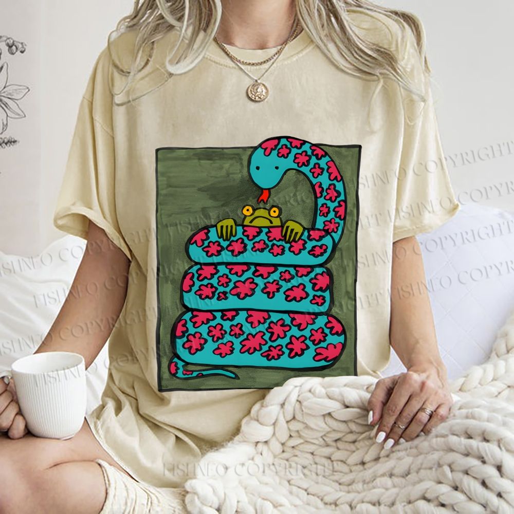 Unisex Vintage Funny Frog Snake Printed Washed Tee
