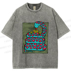 Unisex Vintage Funny Frog Snake Printed Washed Tee
