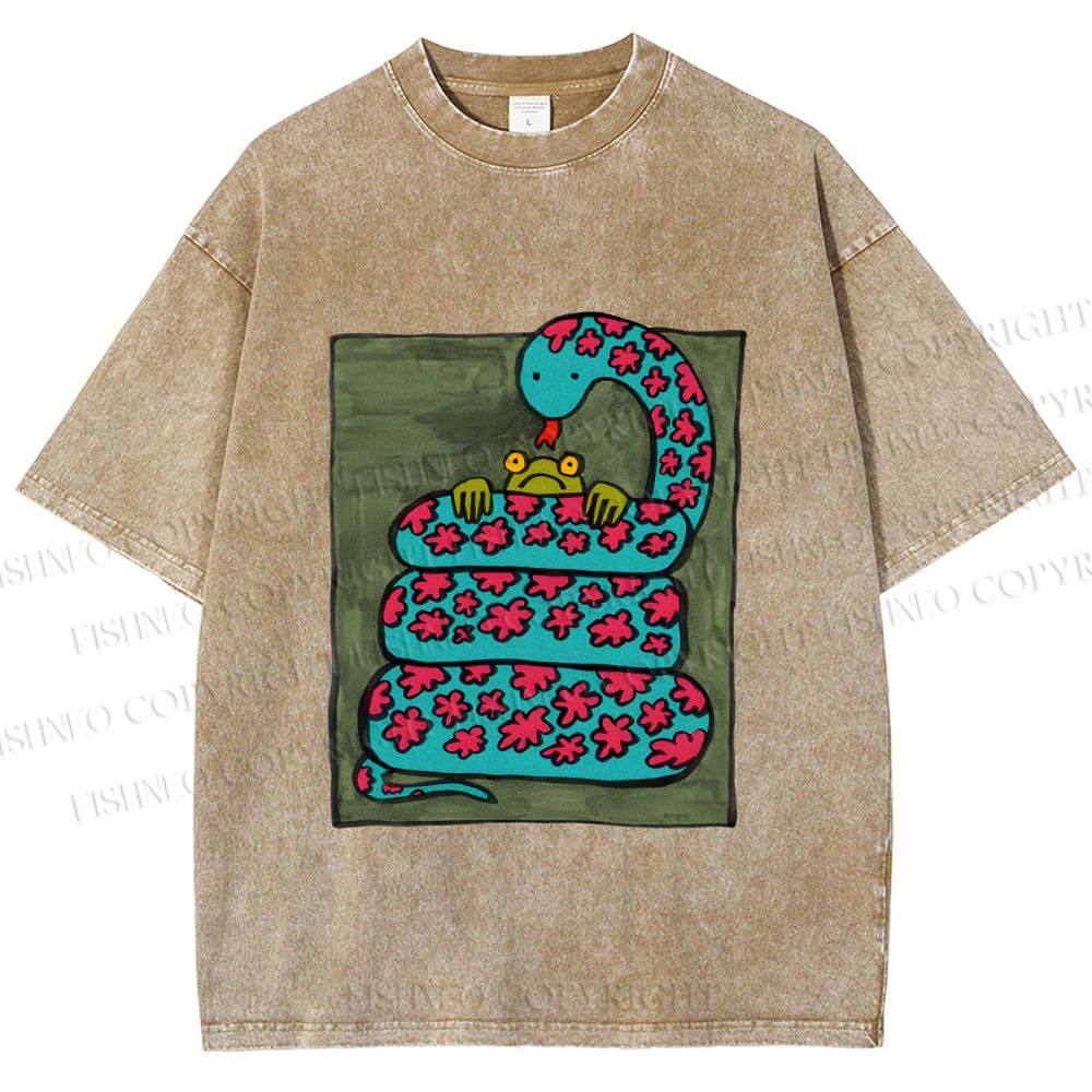 Unisex Vintage Funny Frog Snake Printed Washed Tee