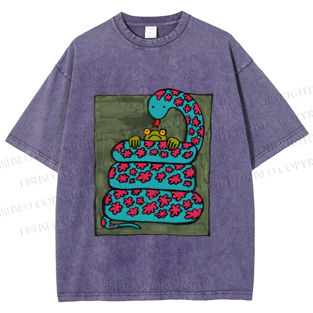 Unisex Vintage Funny Frog Snake Printed Washed Tee
