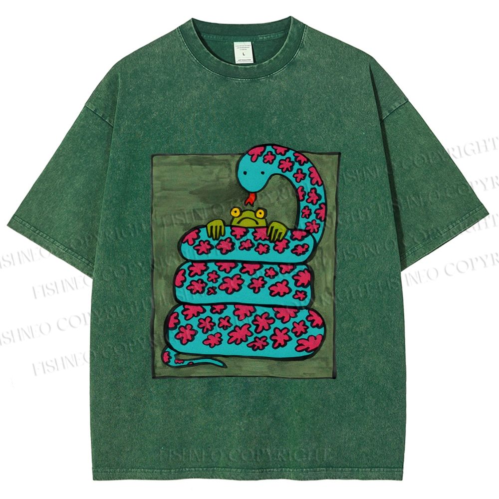 Unisex Vintage Funny Frog Snake Printed Washed Tee