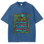 Unisex Vintage Funny Frog Snake Printed Washed Tee