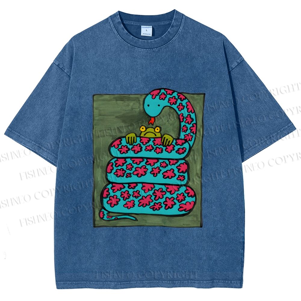 Unisex Vintage Funny Frog Snake Printed Washed Tee
