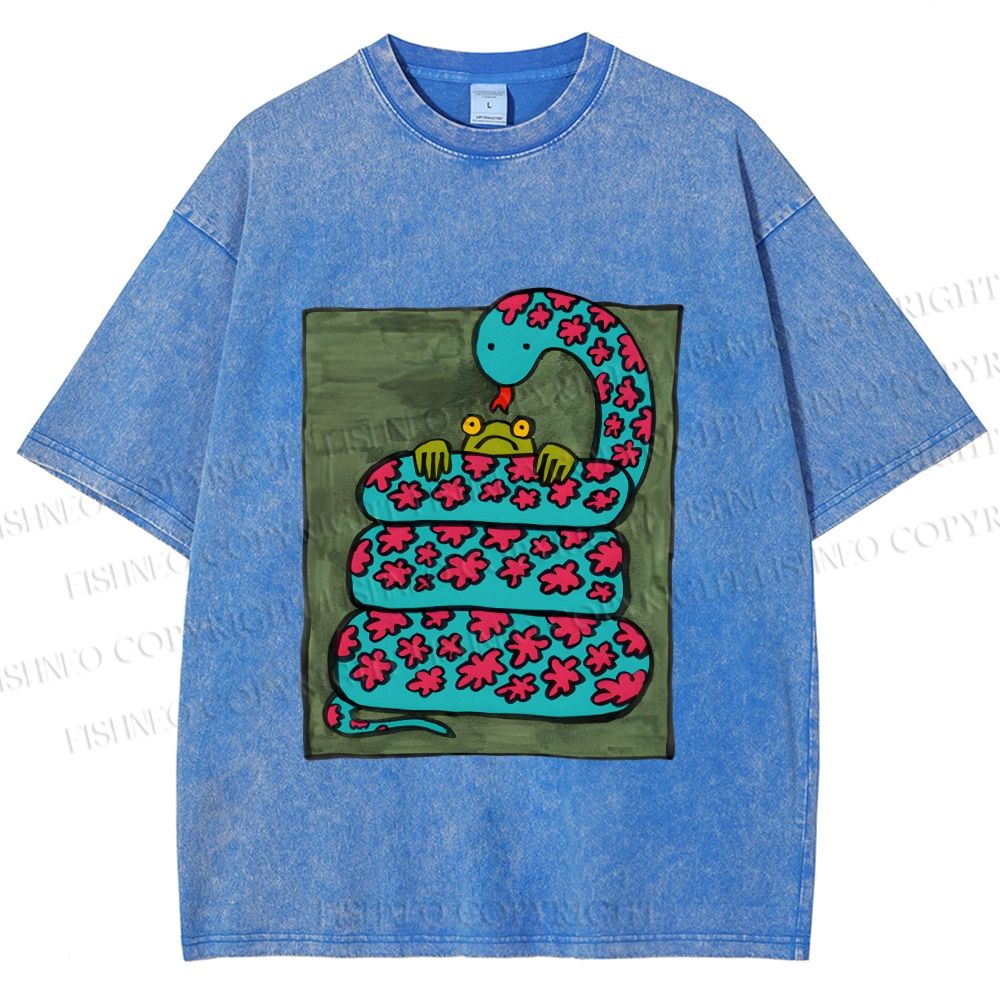 Unisex Vintage Funny Frog Snake Printed Washed Tee