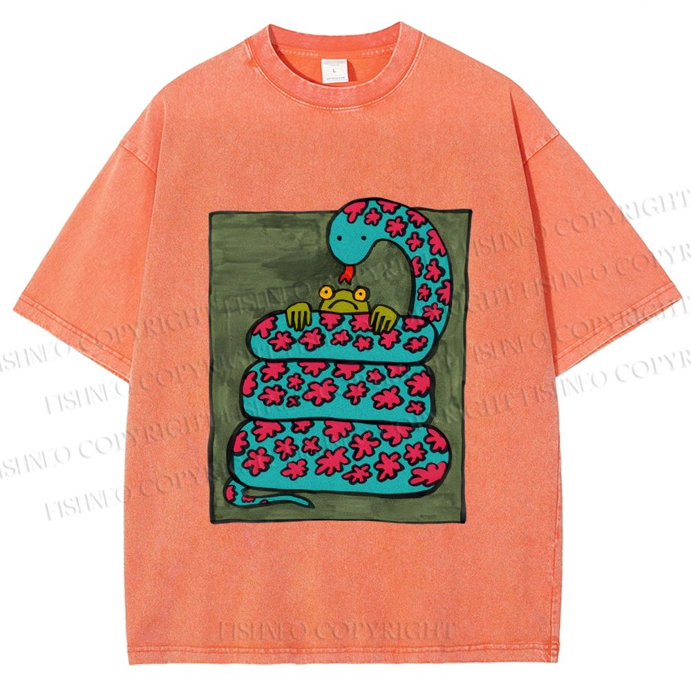 Unisex Vintage Funny Frog Snake Printed Washed Tee