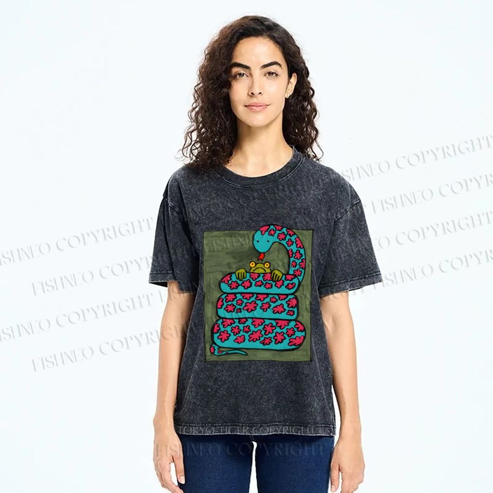 Unisex Vintage Funny Frog Snake Printed Washed Tee