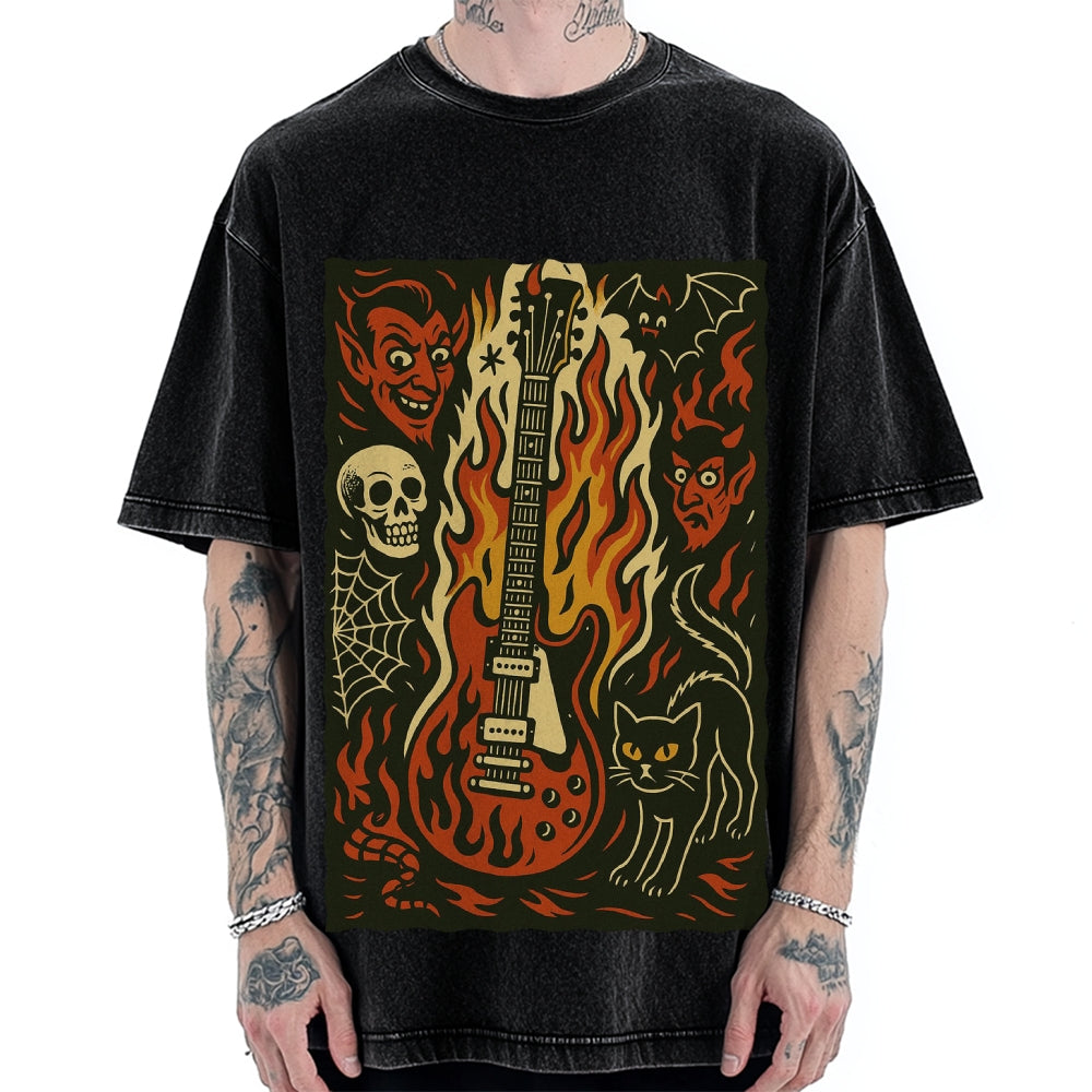 Jigoku Guitar Demon Skull Cat Vintage Washed T-shirt