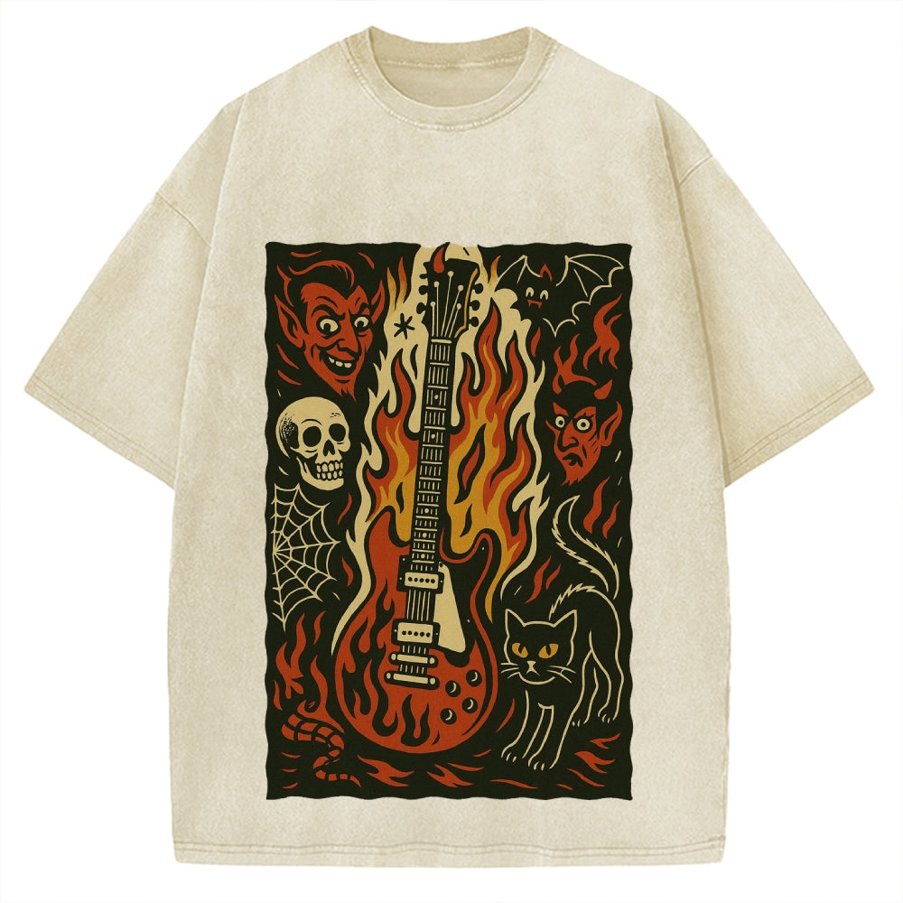 Jigoku Guitar Demon Skull Cat Vintage Washed T-shirt
