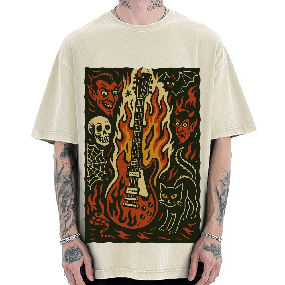 Jigoku Guitar Demon Skull Cat Vintage Washed T-shirt