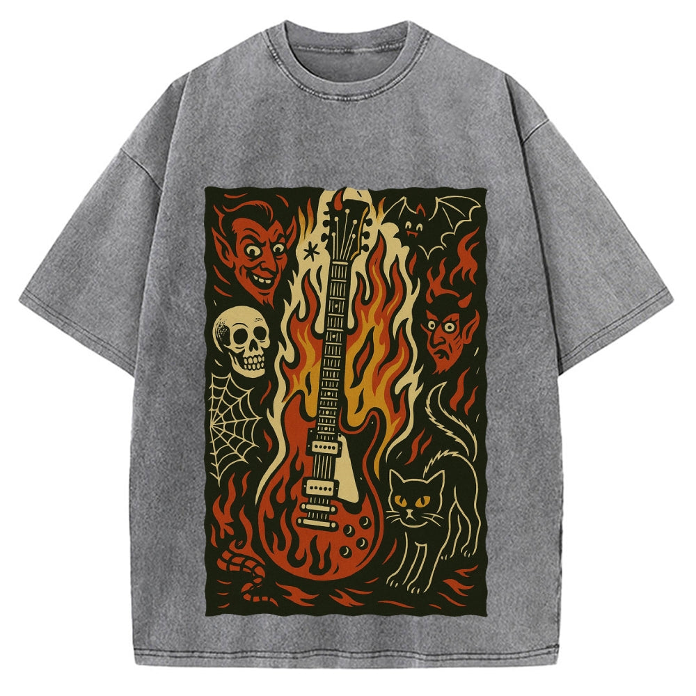 Jigoku Guitar Demon Skull Cat Vintage Washed T-shirt
