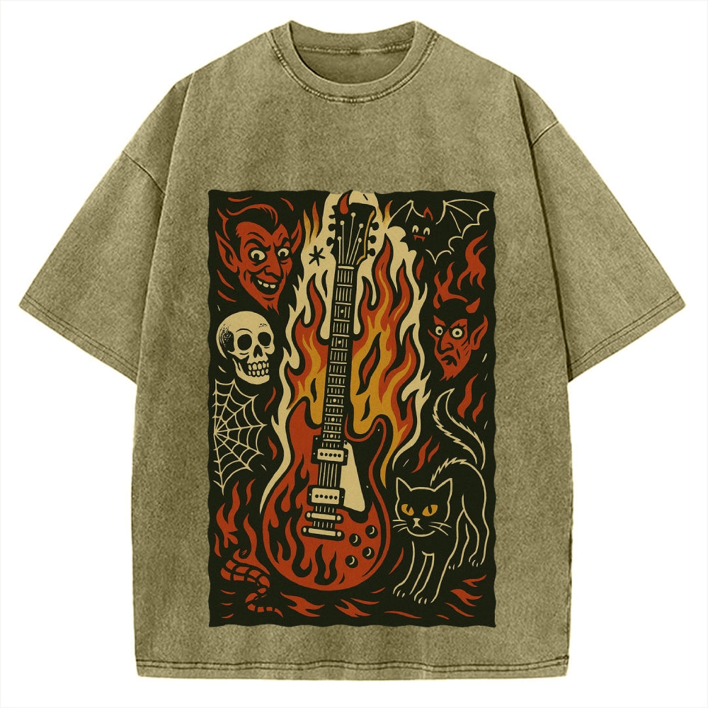 Jigoku Guitar Demon Skull Cat Vintage Washed T-shirt