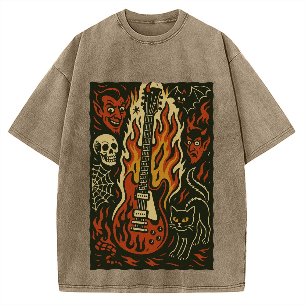 Jigoku Guitar Demon Skull Cat Vintage Washed T-shirt