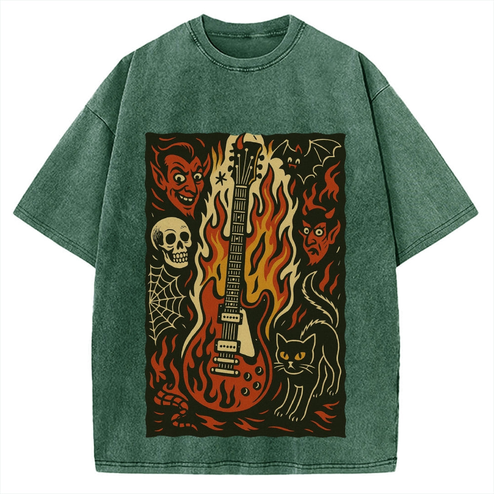 Jigoku Guitar Demon Skull Cat Vintage Washed T-shirt