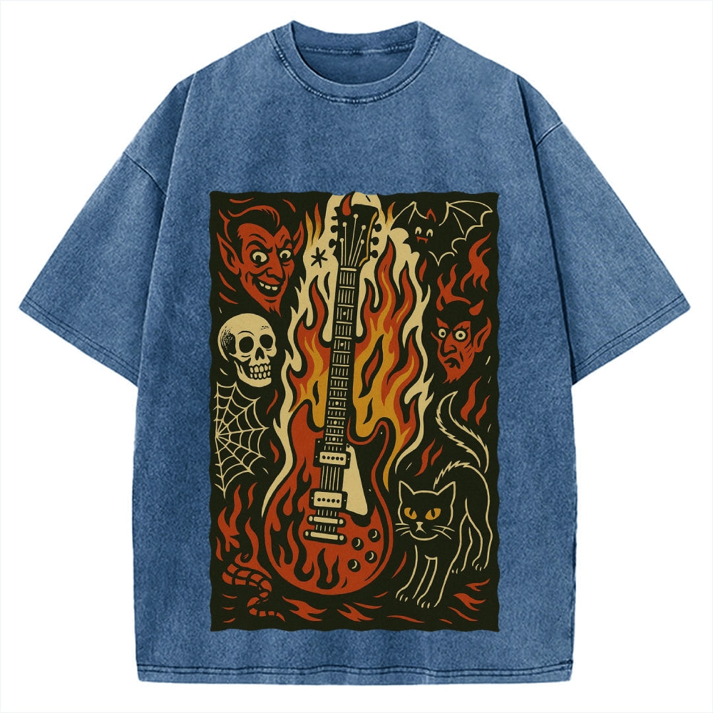 Jigoku Guitar Demon Skull Cat Vintage Washed T-shirt