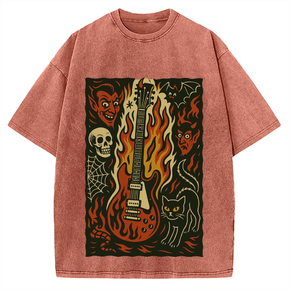 Jigoku Guitar Demon Skull Cat Vintage Washed T-shirt