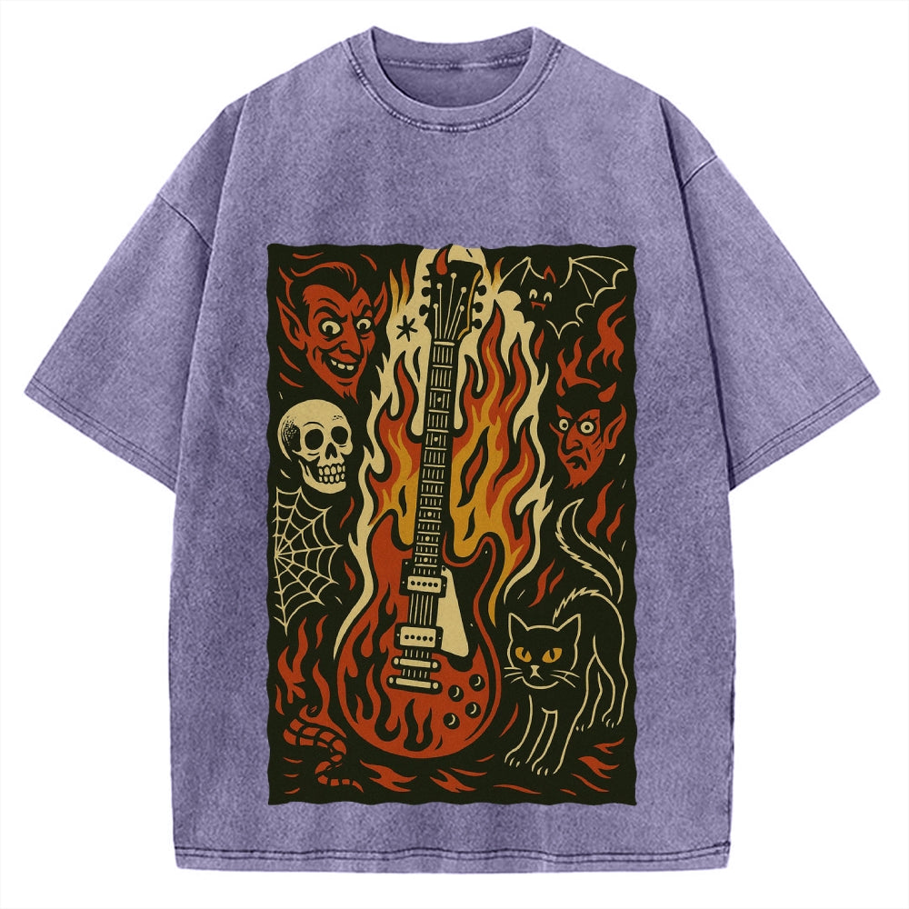 Jigoku Guitar Demon Skull Cat Vintage Washed T-shirt