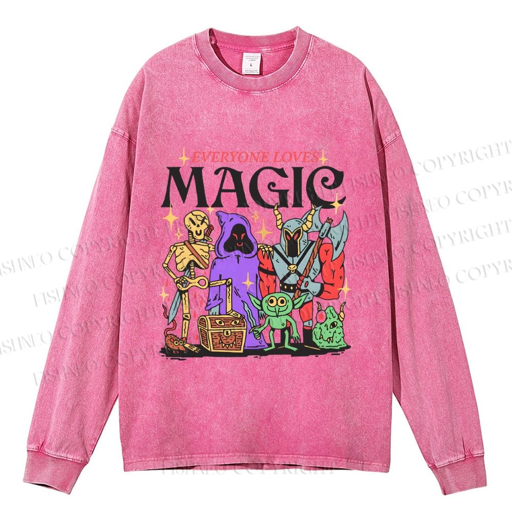 Unisex Vintage Everyone Loves Magic Graffiti Casual Washed Printed Long Sleeve T-shirt