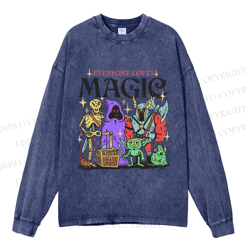 Unisex Vintage Everyone Loves Magic Graffiti Casual Washed Printed Long Sleeve T-shirt