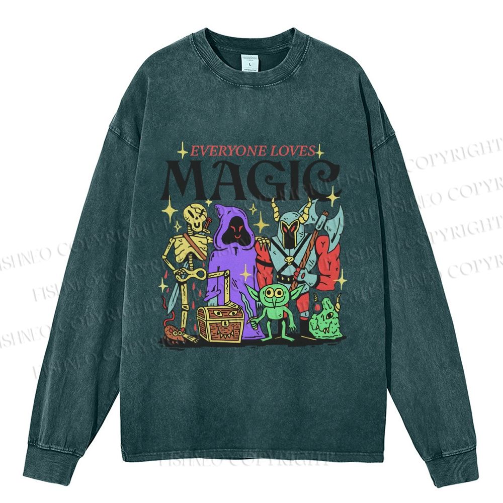 Unisex Vintage Everyone Loves Magic Graffiti Casual Washed Printed Long Sleeve T-shirt