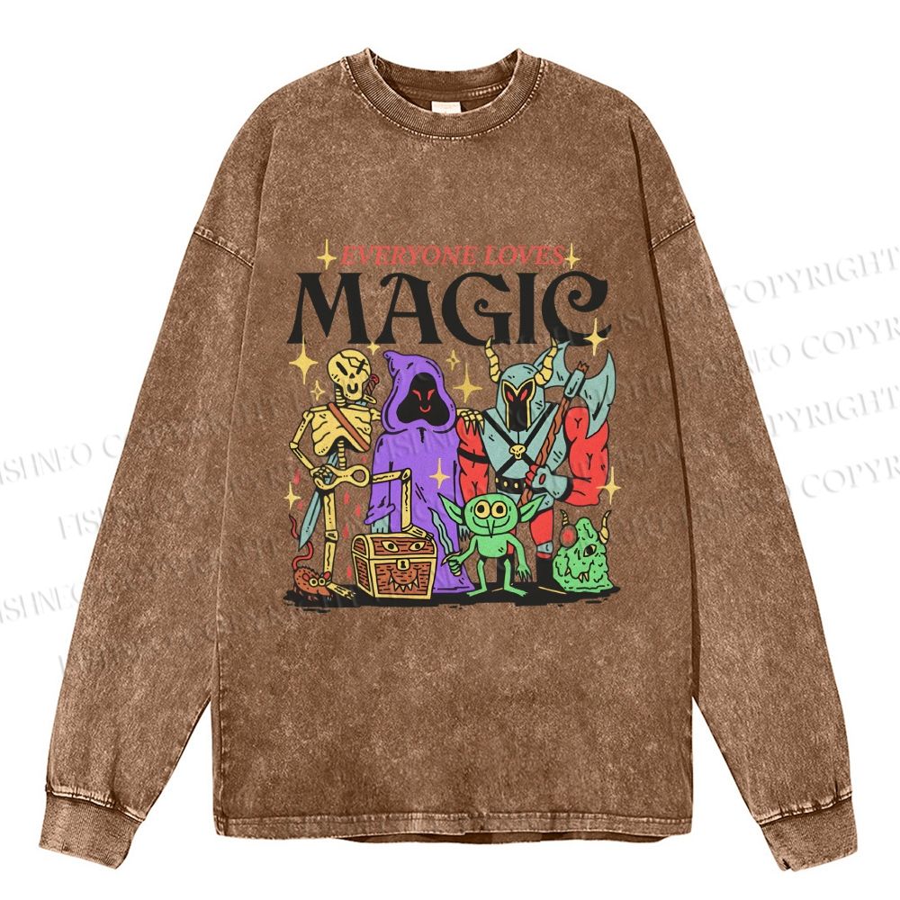 Unisex Vintage Everyone Loves Magic Graffiti Casual Washed Printed Long Sleeve T-shirt