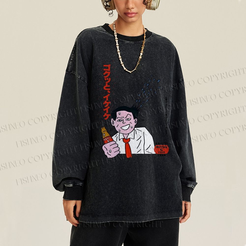 Unisex Japanese Man Beer Graffiti Casual Washed Printed Long Sleeve T-shirt